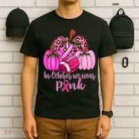 In October We Wear Pink Football Pumpkin Breast Cancer T-Shirt thumb 6