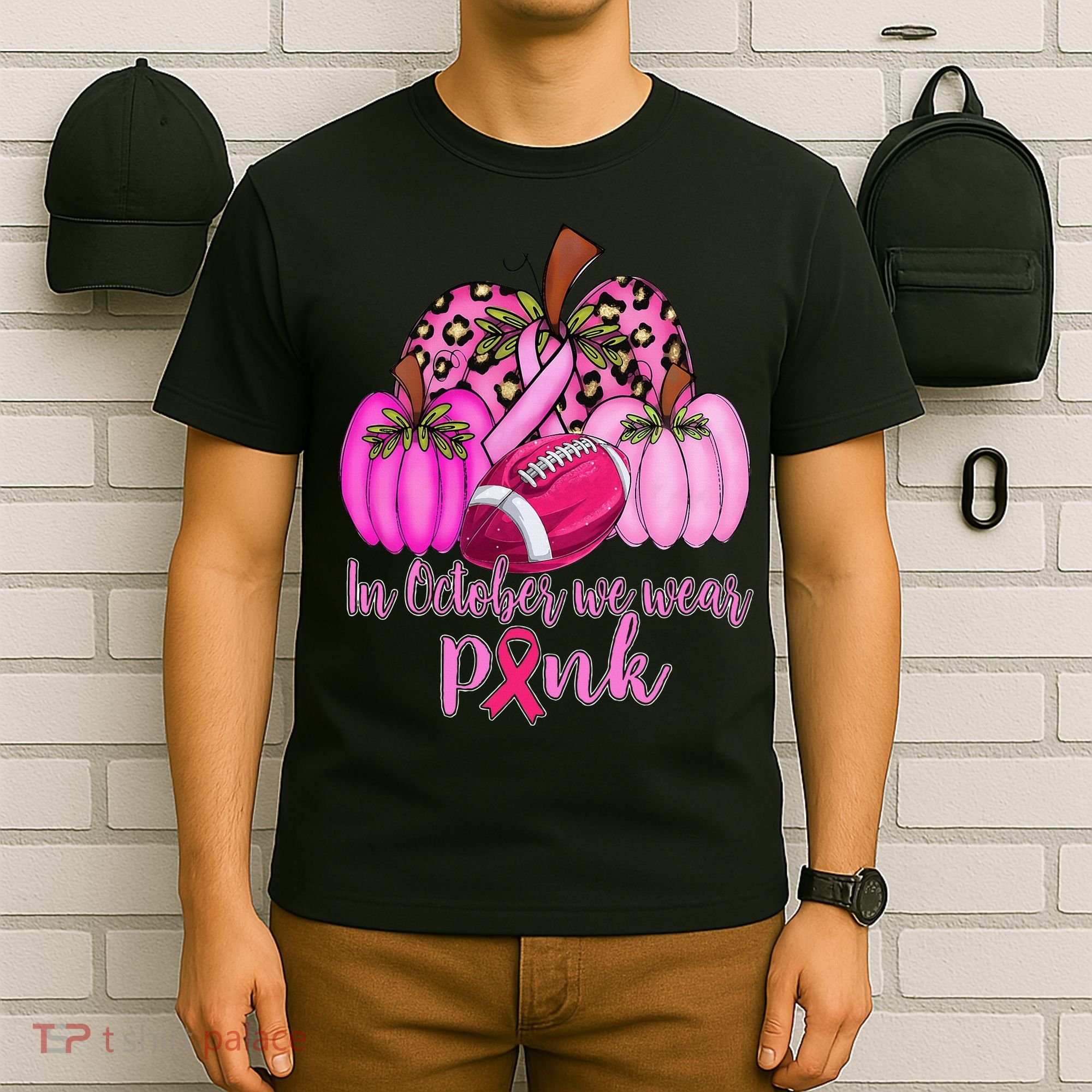 In October We Wear Pink Football Pumpkin Breast Cancer T-Shirt
