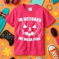 In October We Wear Pink Halloween Breast Cancer Kids T-Shirt thumb 3