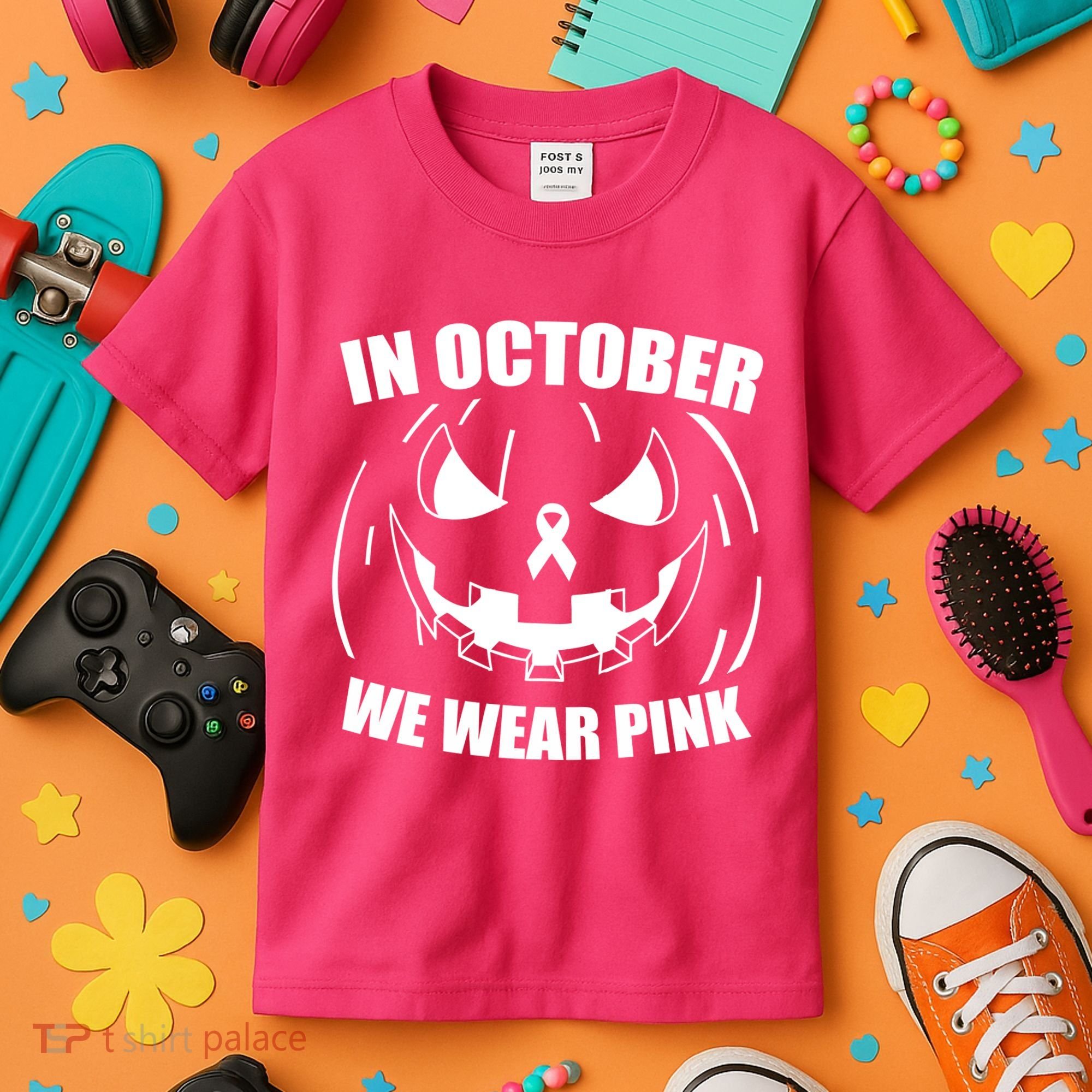 In October We Wear Pink Halloween Breast Cancer Kids T-Shirt
