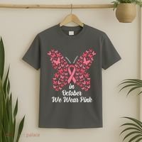 In October We Wear Pink Butterfly Breast Cancer Ribbon T-Shirt thumb 2