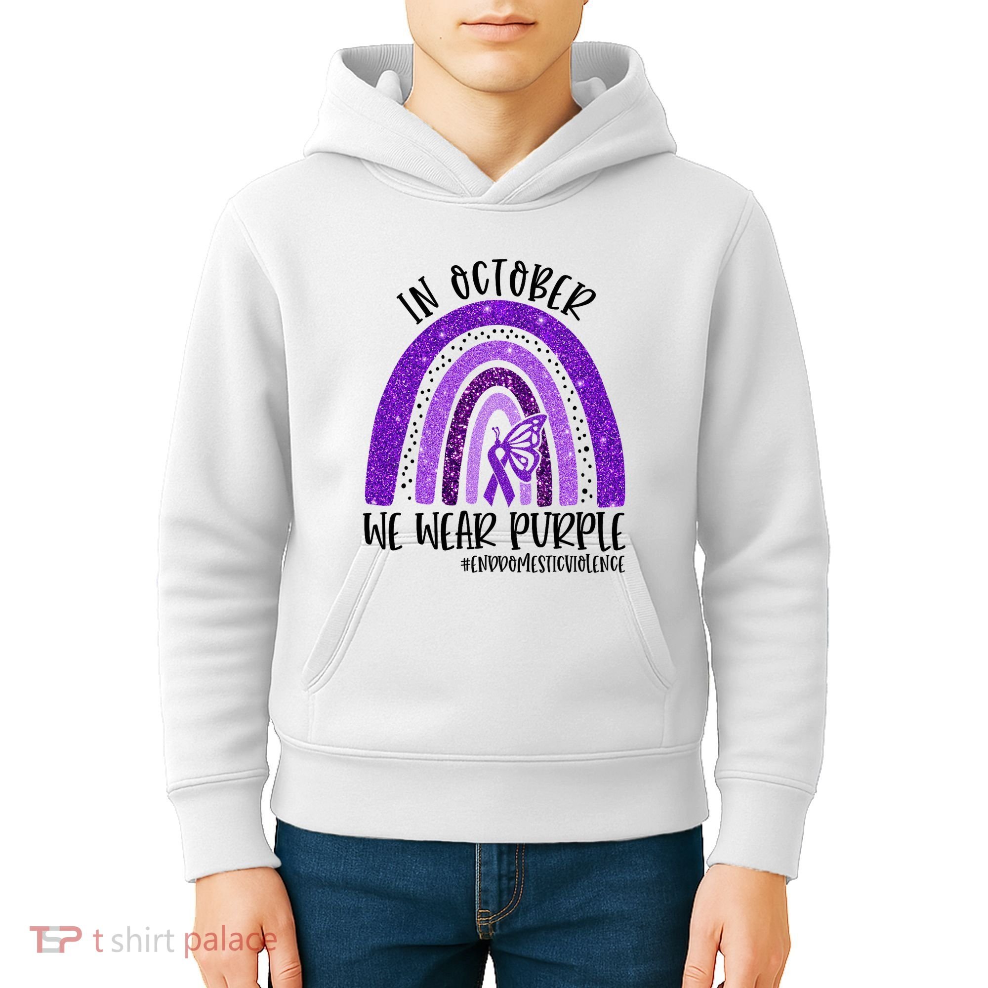 In October We Wear Purple Rainbow End Domestic Violence Kids Hoodie