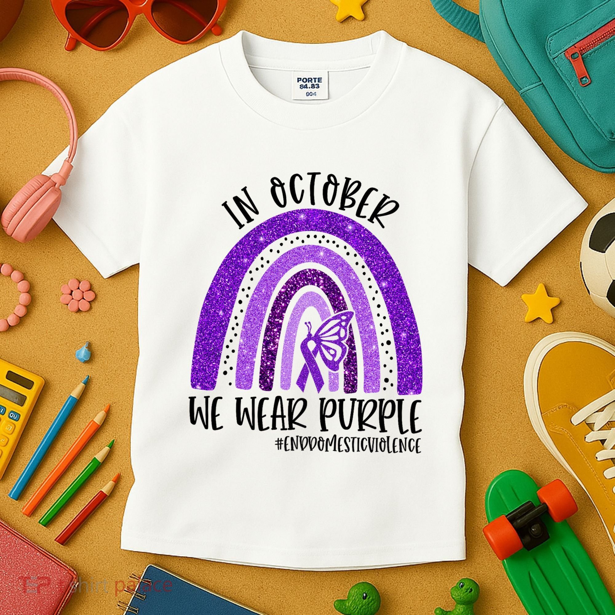 In October We Wear Purple Rainbow End Domestic Violence Kids T-Shirt