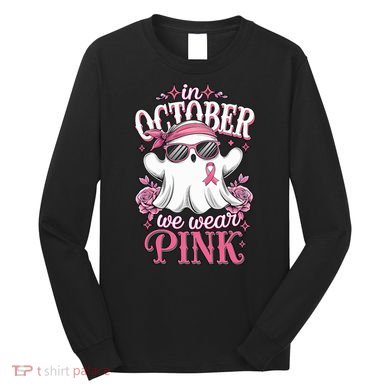 In October We Wear Cute Spooky Halloween Breast Cancer Long Sleeve Shirt