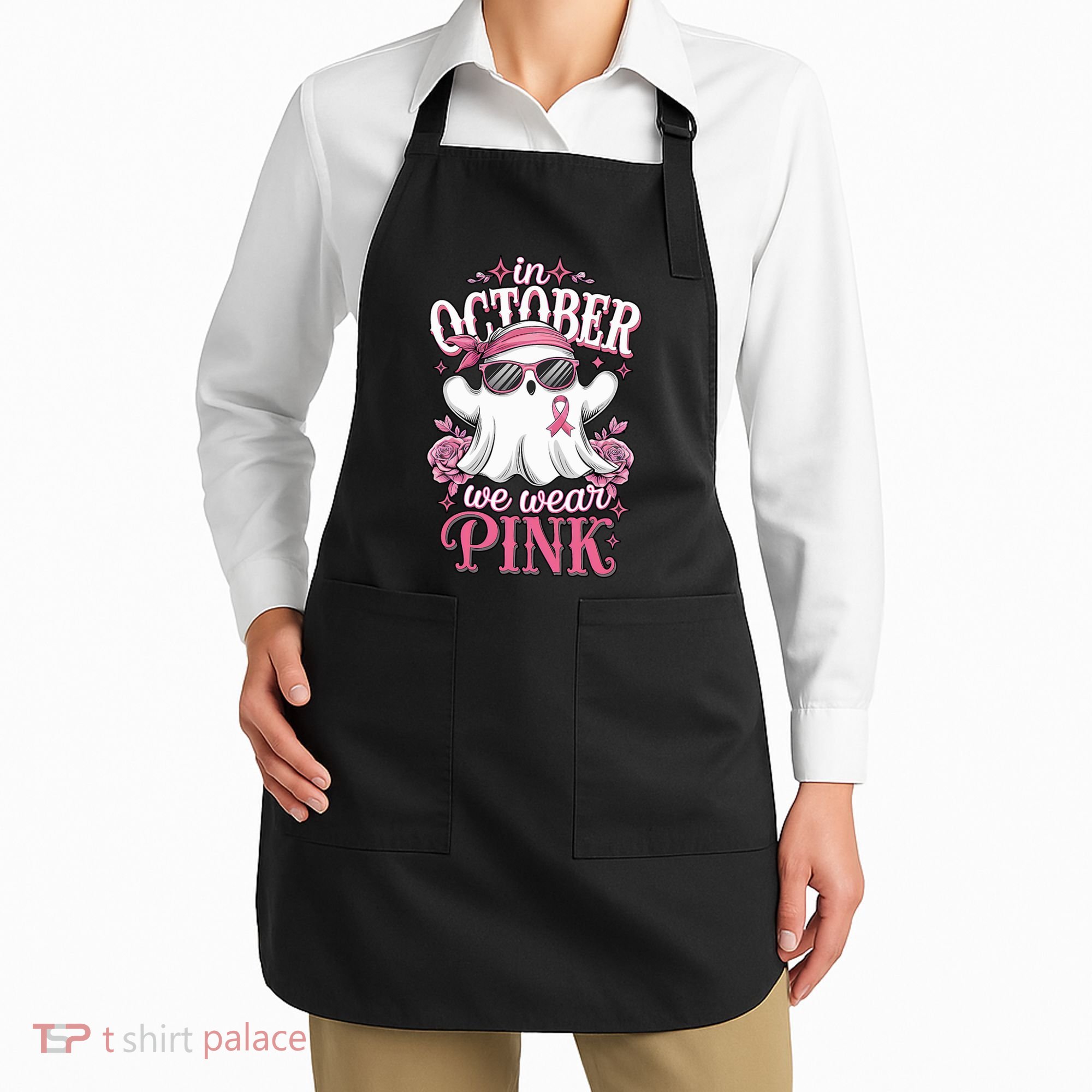 In October We Wear Cute Spooky Halloween Breast Cancer Apron