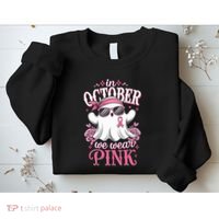 In October We Wear Cute Spooky Halloween Breast Cancer Sweatshirt thumb 2