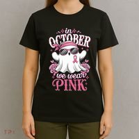 In October We Wear Cute Spooky Halloween Breast Cancer T-Shirt thumb 4