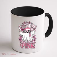 In October We Wear Cute Spooky Halloween Breast Cancer Coffee Mug thumb 1