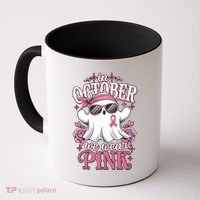 In October We Wear Cute Spooky Halloween Breast Cancer Coffee Mug thumb 0