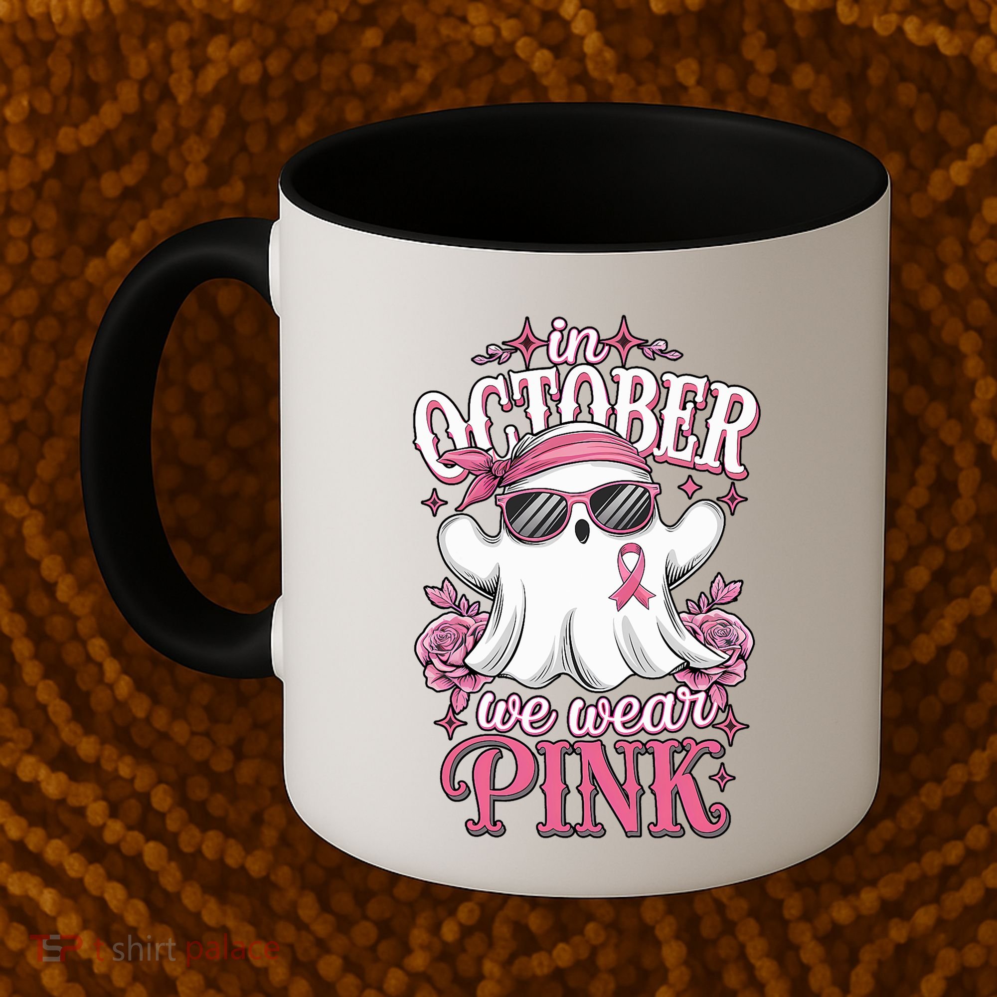 In October We Wear Cute Spooky Halloween Breast Cancer Coffee Mug
