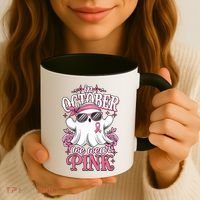 In October We Wear Cute Spooky Halloween Breast Cancer Coffee Mug thumb 3