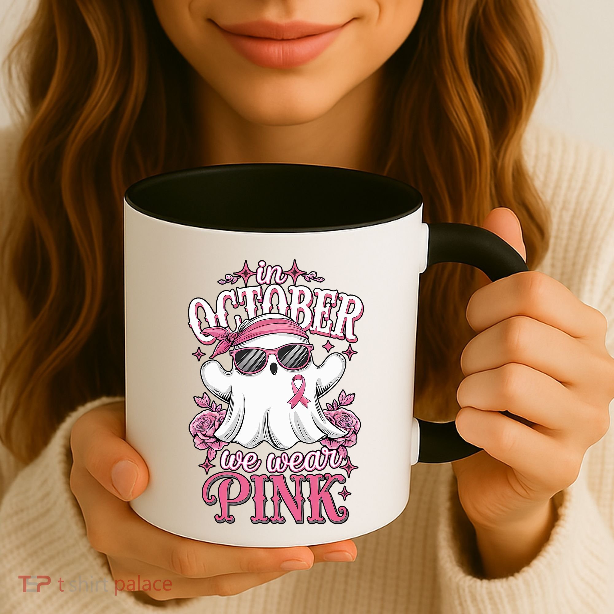 In October We Wear Cute Spooky Halloween Breast Cancer Coffee Mug