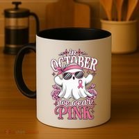 In October We Wear Cute Spooky Halloween Breast Cancer Coffee Mug thumb 4