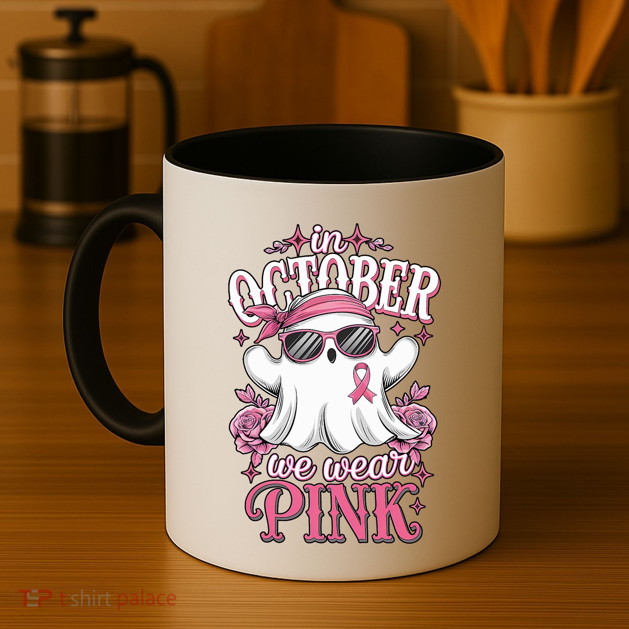 In October We Wear Cute Spooky Halloween Breast Cancer Coffee Mug