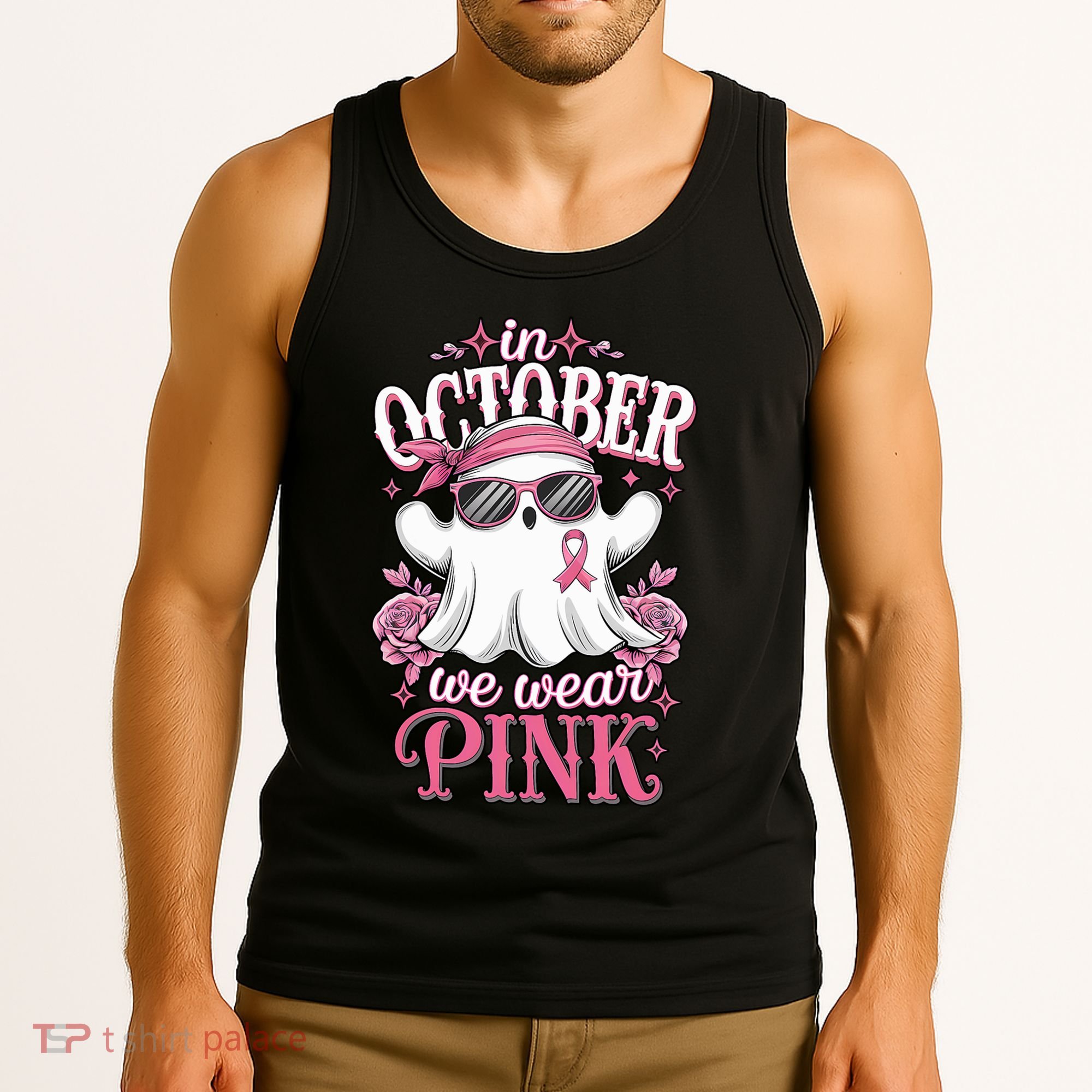 In October We Wear Cute Spooky Halloween Breast Cancer Tank Top