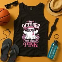 In October We Wear Cute Spooky Halloween Breast Cancer Tank Top thumb 4