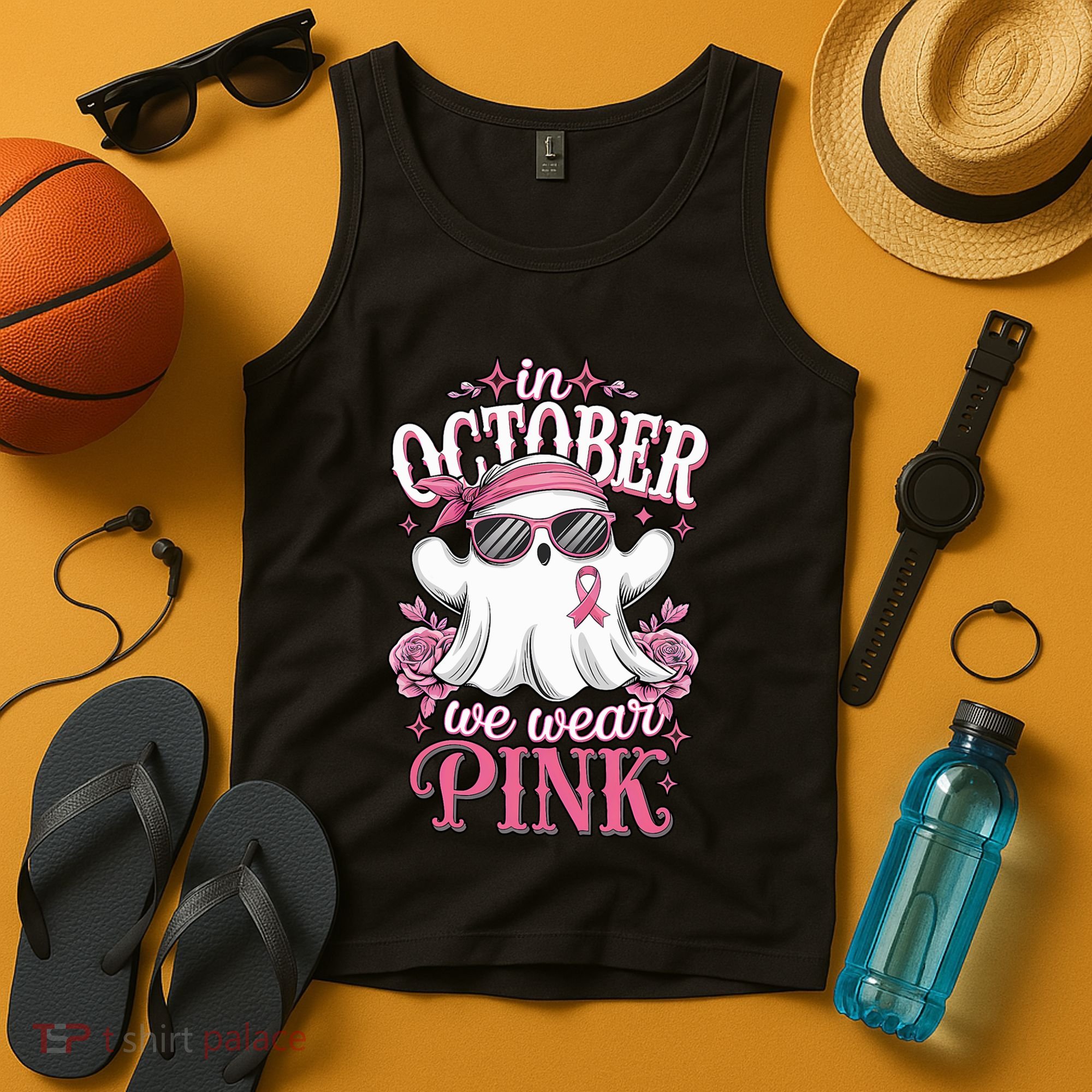 In October We Wear Cute Spooky Halloween Breast Cancer Tank Top