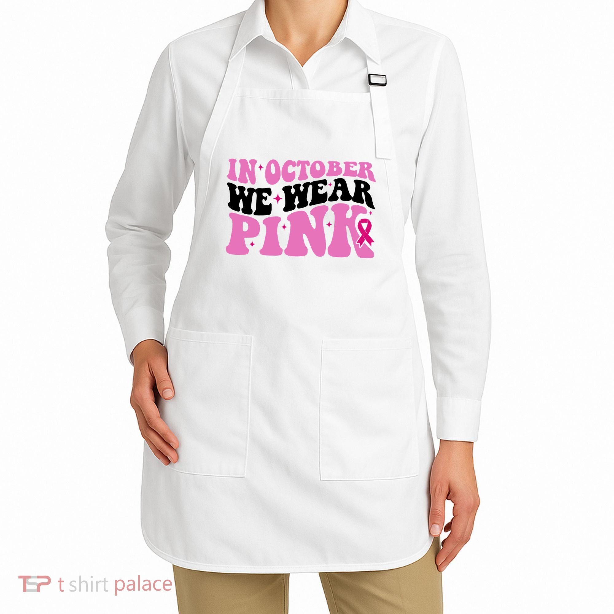 In October We Wear Pink Breast Cancer Ribbon Apron