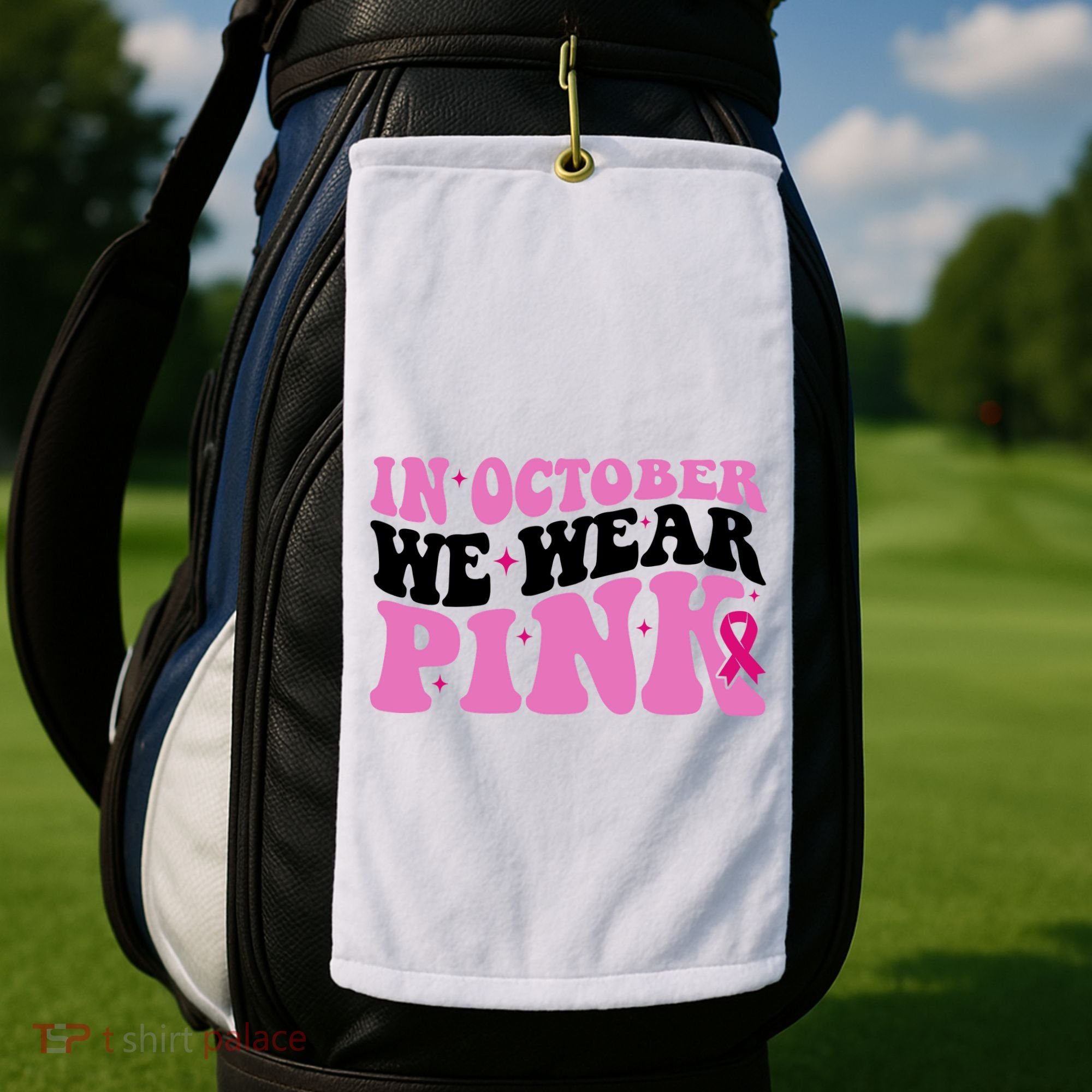 In October We Wear Pink Breast Cancer Ribbon Golf Towel
