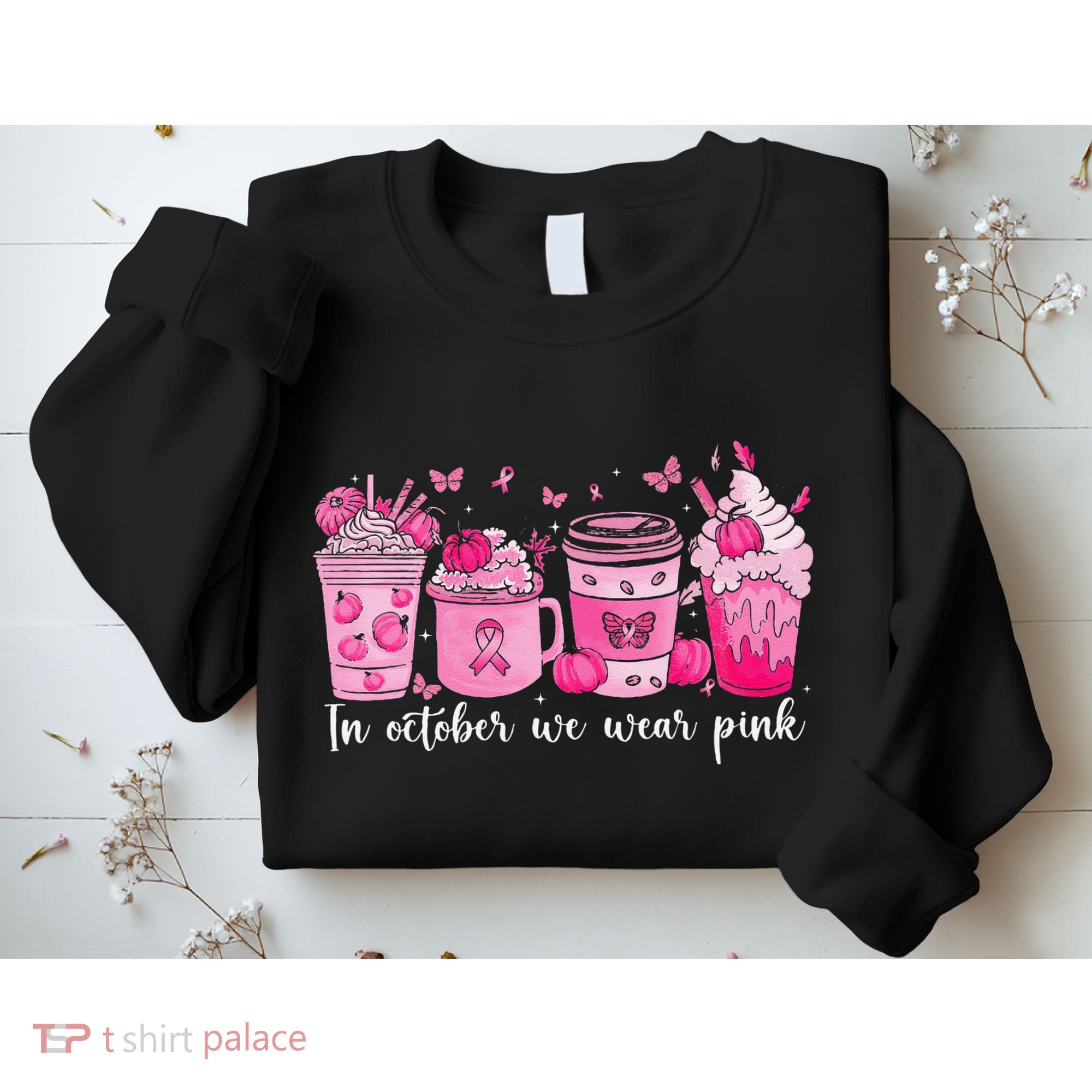 In October We Wear P.Ink Ribbon Pumpkin Spice Breast Cancer Gift Sweatshirt