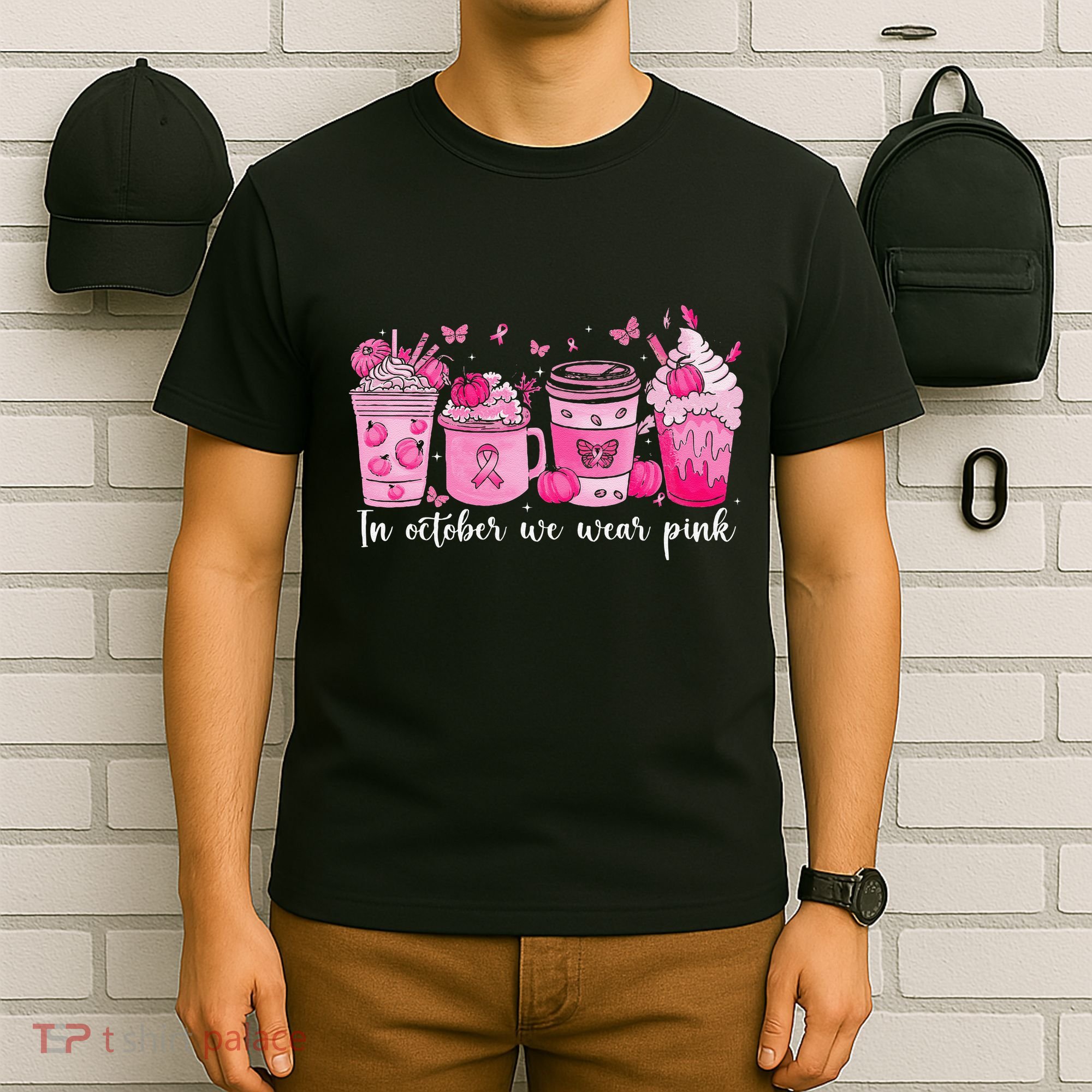 In October We Wear P.Ink Ribbon Pumpkin Spice Breast Cancer Gift T-Shirt