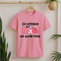 In October We Wear Pink Breast Cancer Pumpkin Ribbon T-Shirt thumb 2