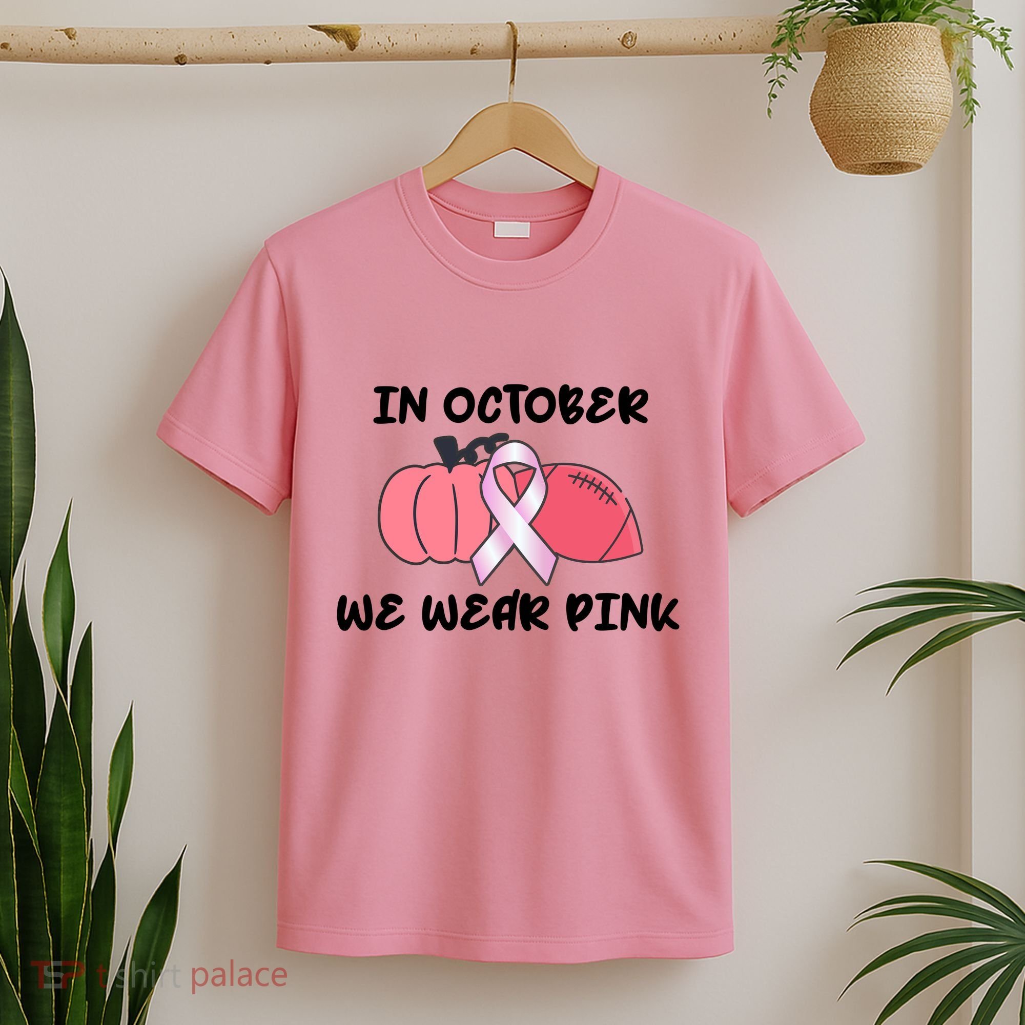 In October We Wear Pink Breast Cancer Pumpkin Ribbon T-Shirt