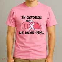 In October We Wear Pink Breast Cancer Pumpkin Ribbon T-Shirt thumb 3