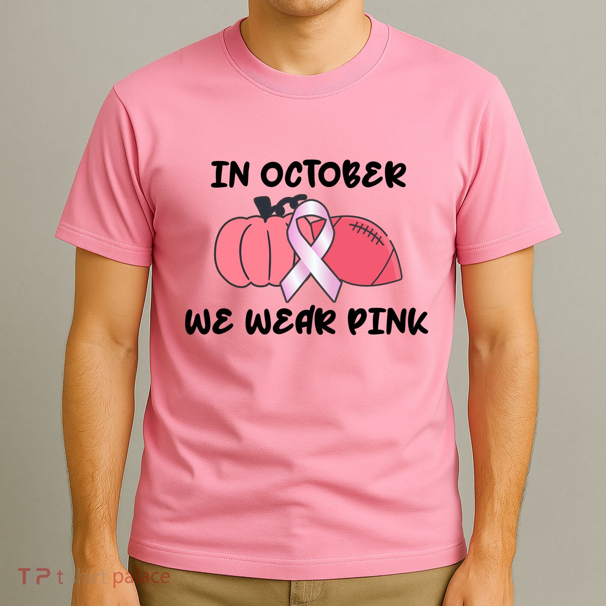 In October We Wear Pink Breast Cancer Pumpkin Ribbon T-Shirt