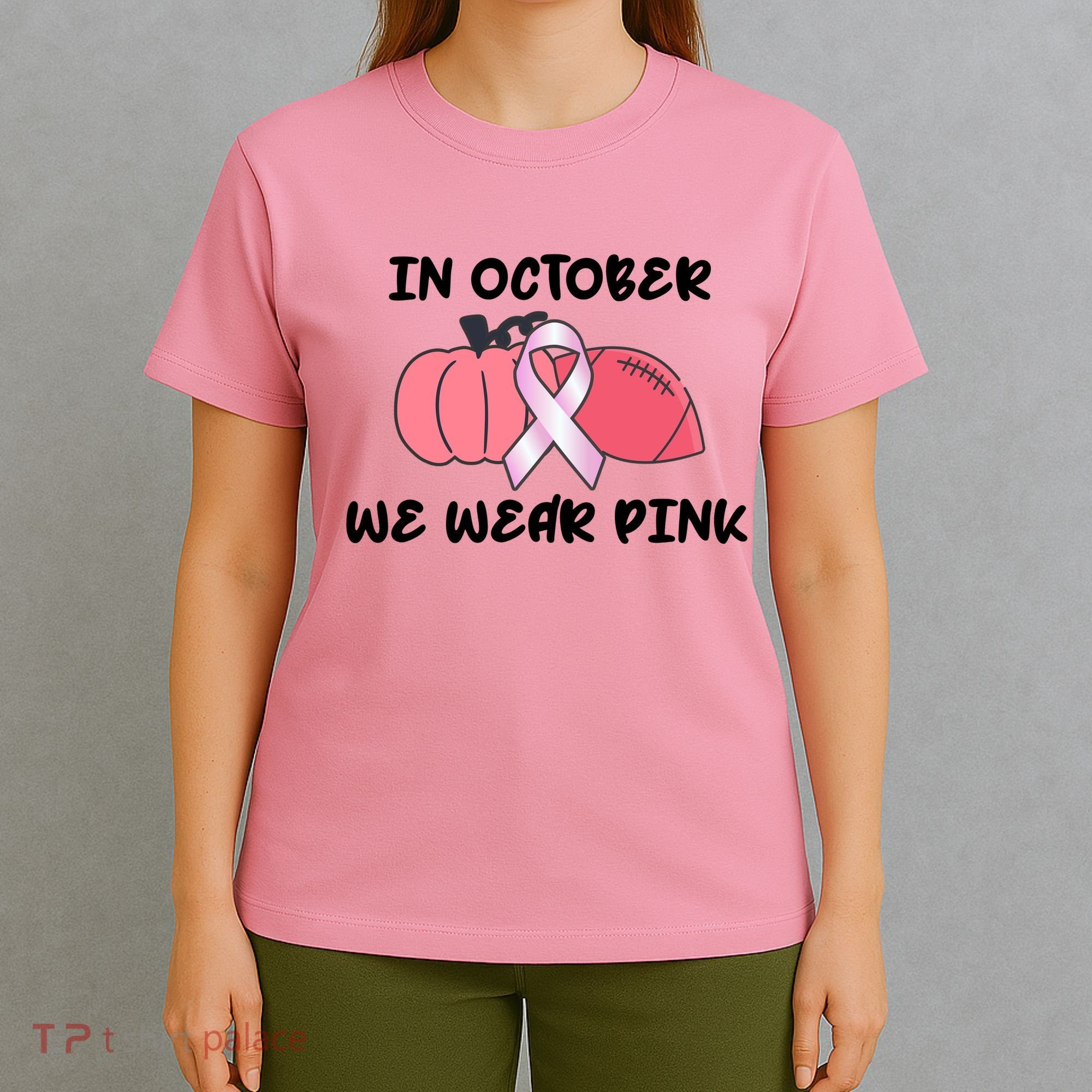In October We Wear Pink Breast Cancer Pumpkin Ribbon T-Shirt
