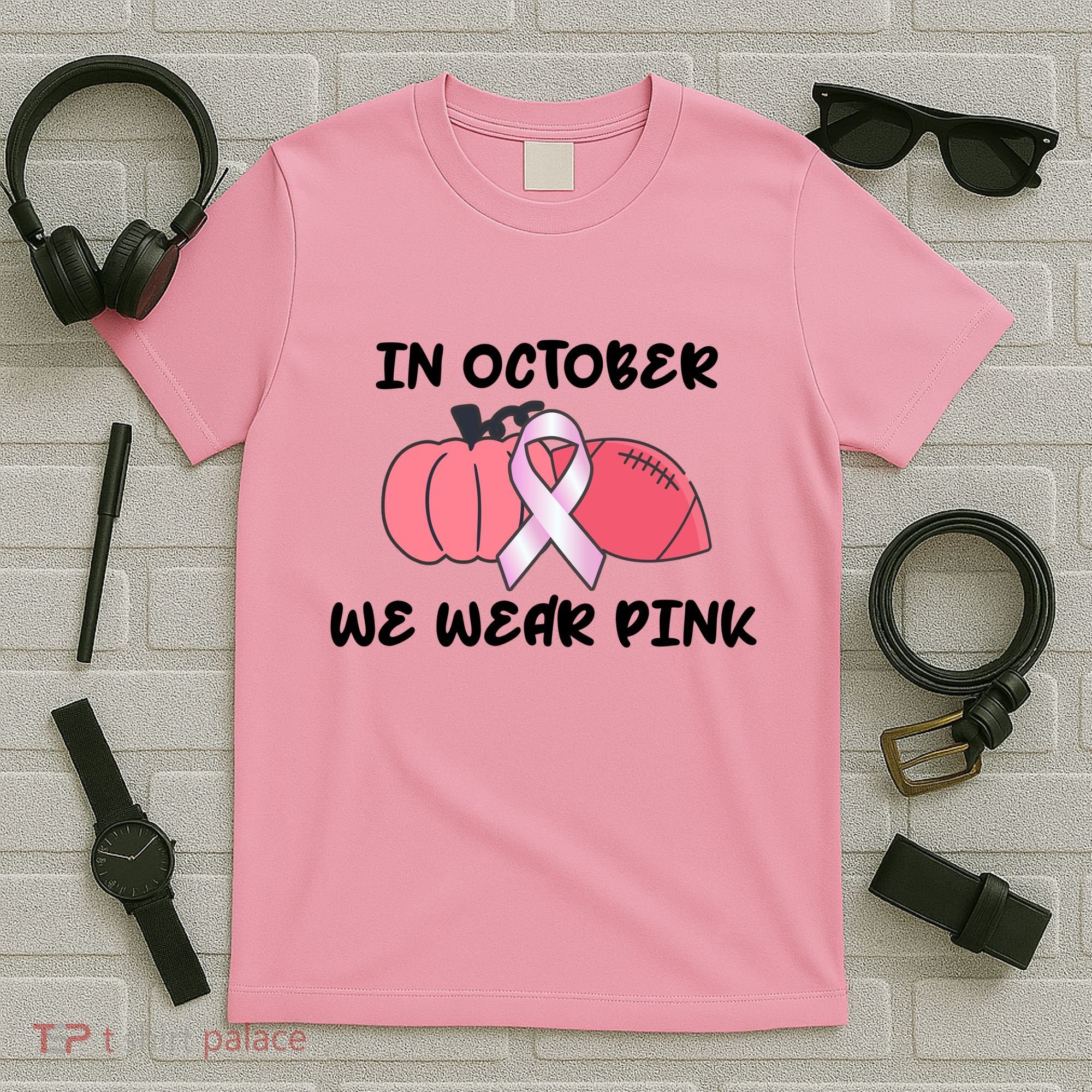 In October We Wear Pink Breast Cancer Pumpkin Ribbon T-Shirt