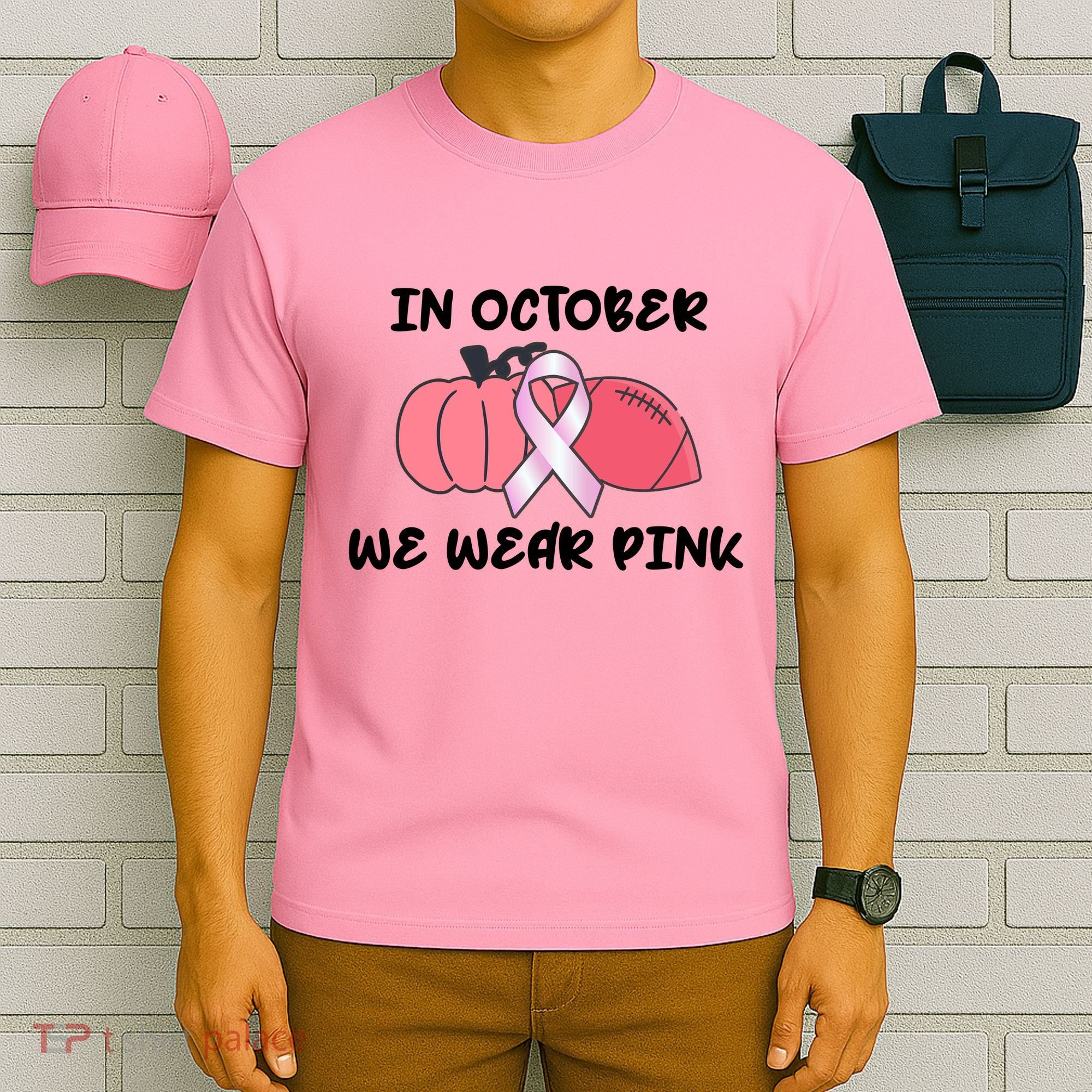 In October We Wear Pink Breast Cancer Pumpkin Ribbon T-Shirt