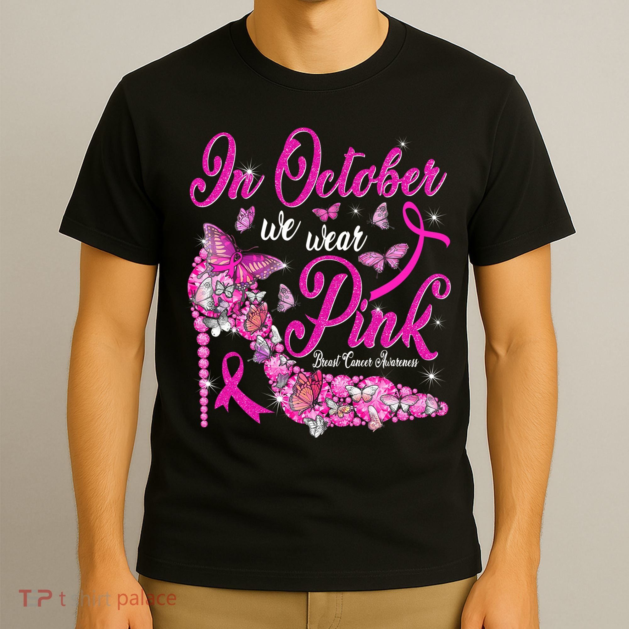 In October We Wear Pink Butterflies Breast Cancer Awareness T-Shirt