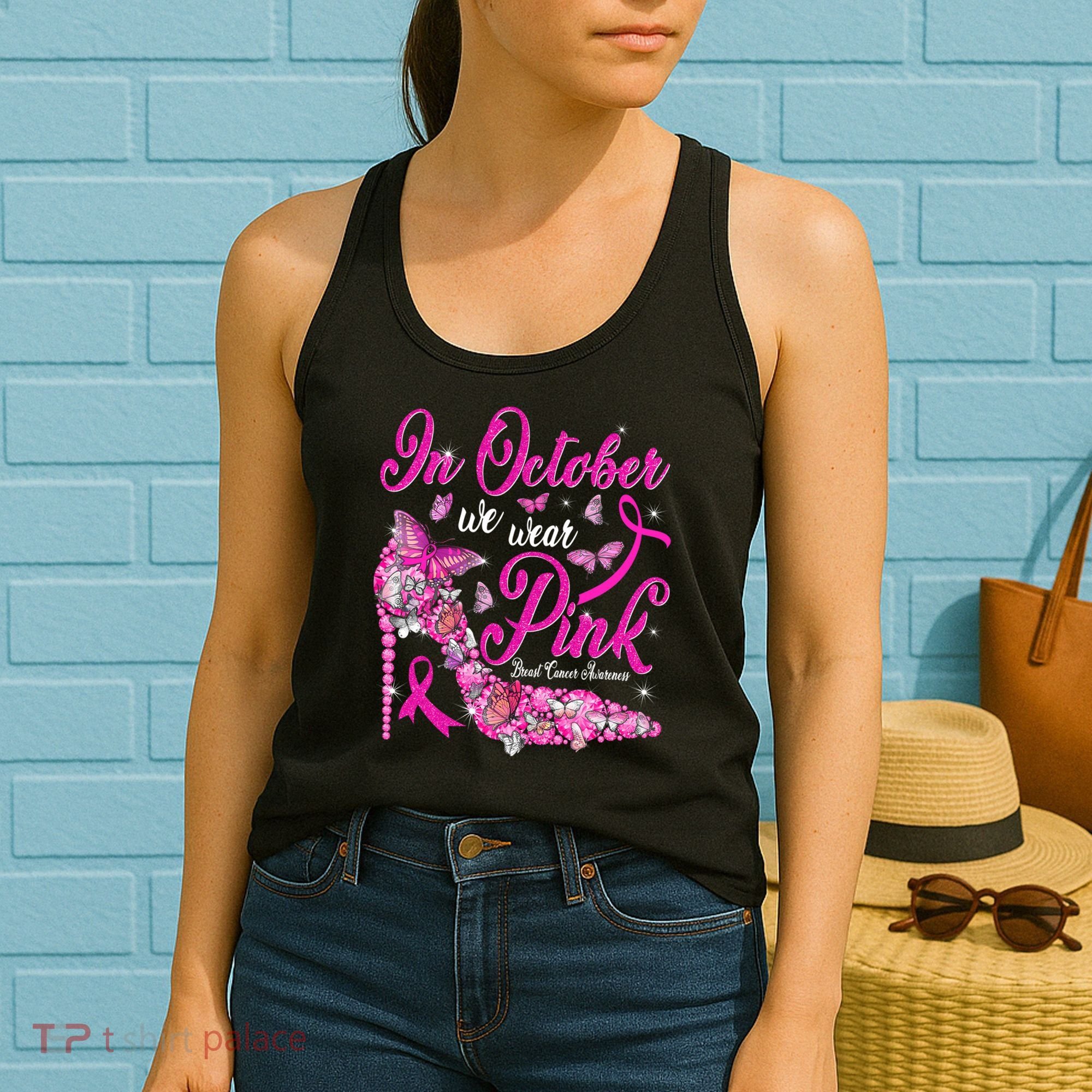 In October We Wear Pink Butterflies Breast Cancer Awareness Women's Tank Top