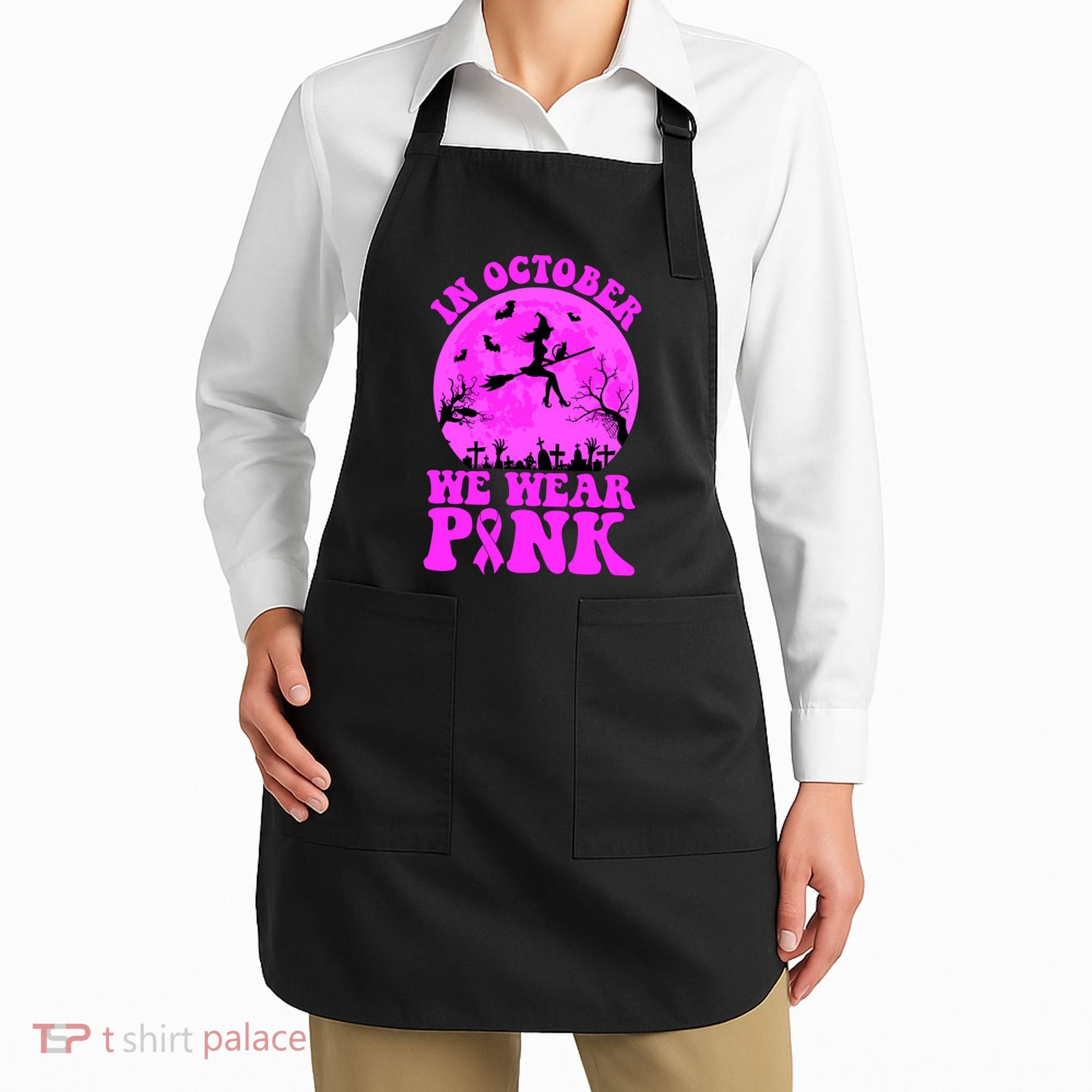 In October We Wear Pink Breast Cancer Halloween Witch Apron