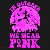 In October We Wear Pink Breast Cancer Halloween Witch Sweatshirt thumb 3