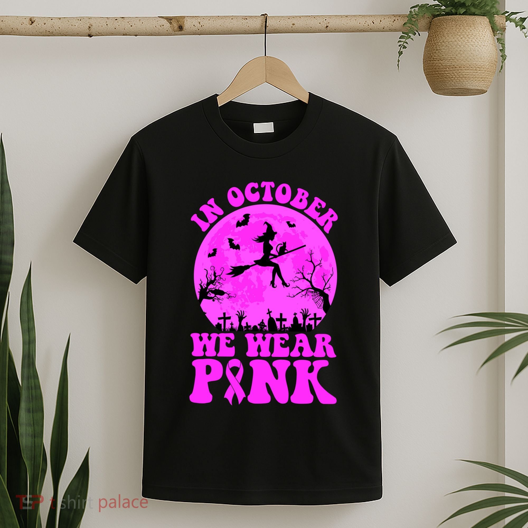 In October We Wear Pink Breast Cancer Halloween Witch T-Shirt