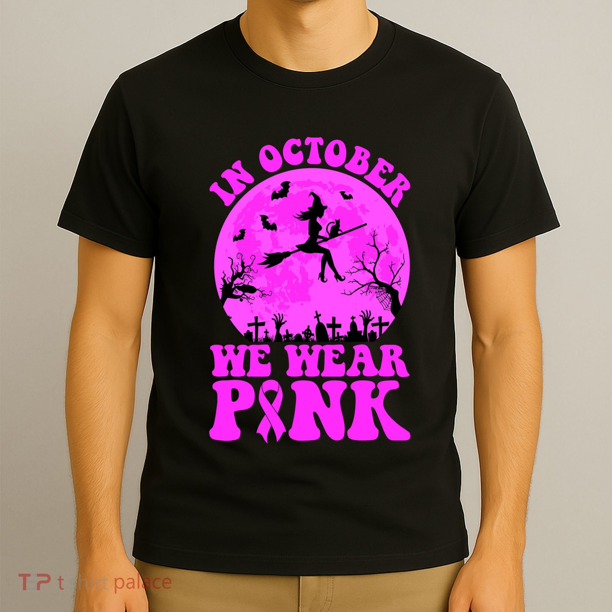 In October We Wear Pink Breast Cancer Halloween Witch T-Shirt