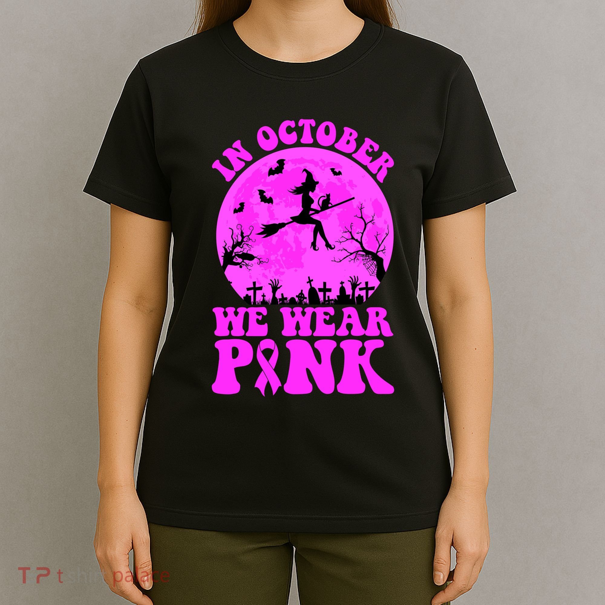 In October We Wear Pink Breast Cancer Halloween Witch T-Shirt