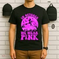 In October We Wear Pink Breast Cancer Halloween Witch T-Shirt thumb 6