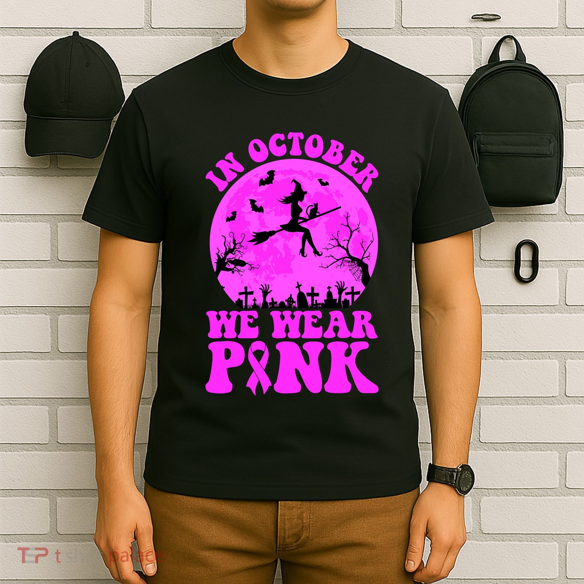 In October We Wear Pink Breast Cancer Halloween Witch T-Shirt