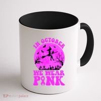 In October We Wear Pink Breast Cancer Halloween Witch Coffee Mug thumb 1