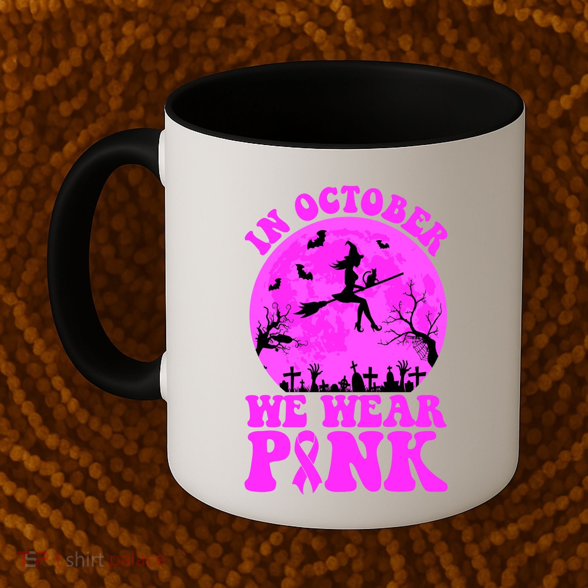 In October We Wear Pink Breast Cancer Halloween Witch Coffee Mug