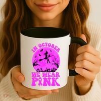 In October We Wear Pink Breast Cancer Halloween Witch Coffee Mug thumb 3