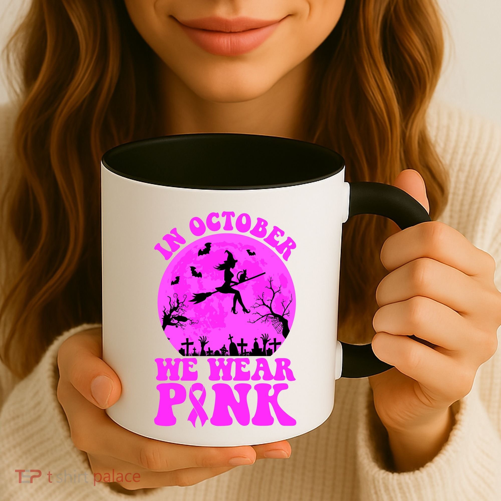 In October We Wear Pink Breast Cancer Halloween Witch Coffee Mug