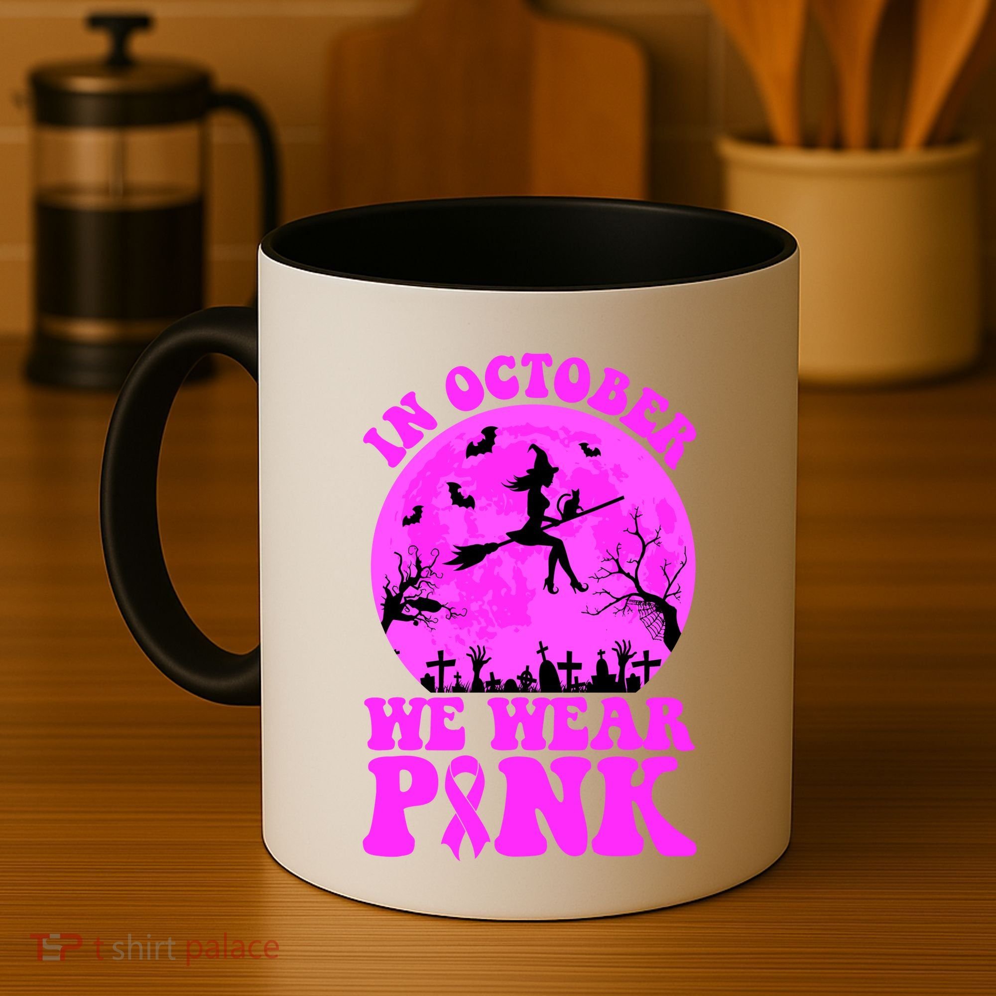 In October We Wear Pink Breast Cancer Halloween Witch Coffee Mug