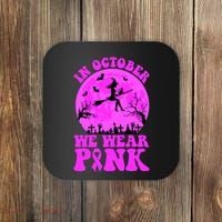 In October We Wear Pink Breast Cancer Halloween Witch Coaster thumb 0