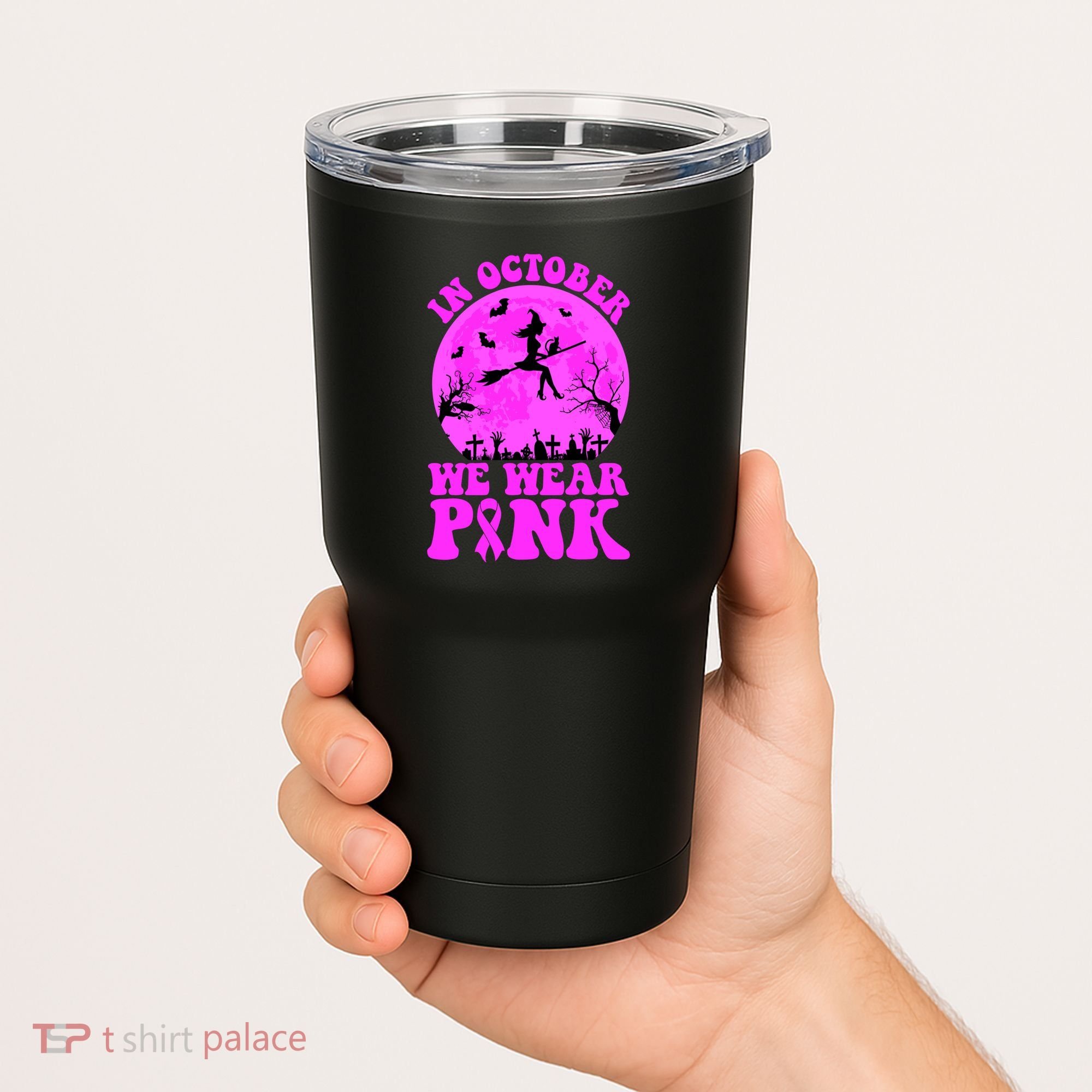 In October We Wear Pink Breast Cancer Halloween Witch Tumbler