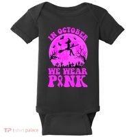 In October We Wear Pink Breast Cancer Halloween Witch Baby Bodysuit thumb 0
