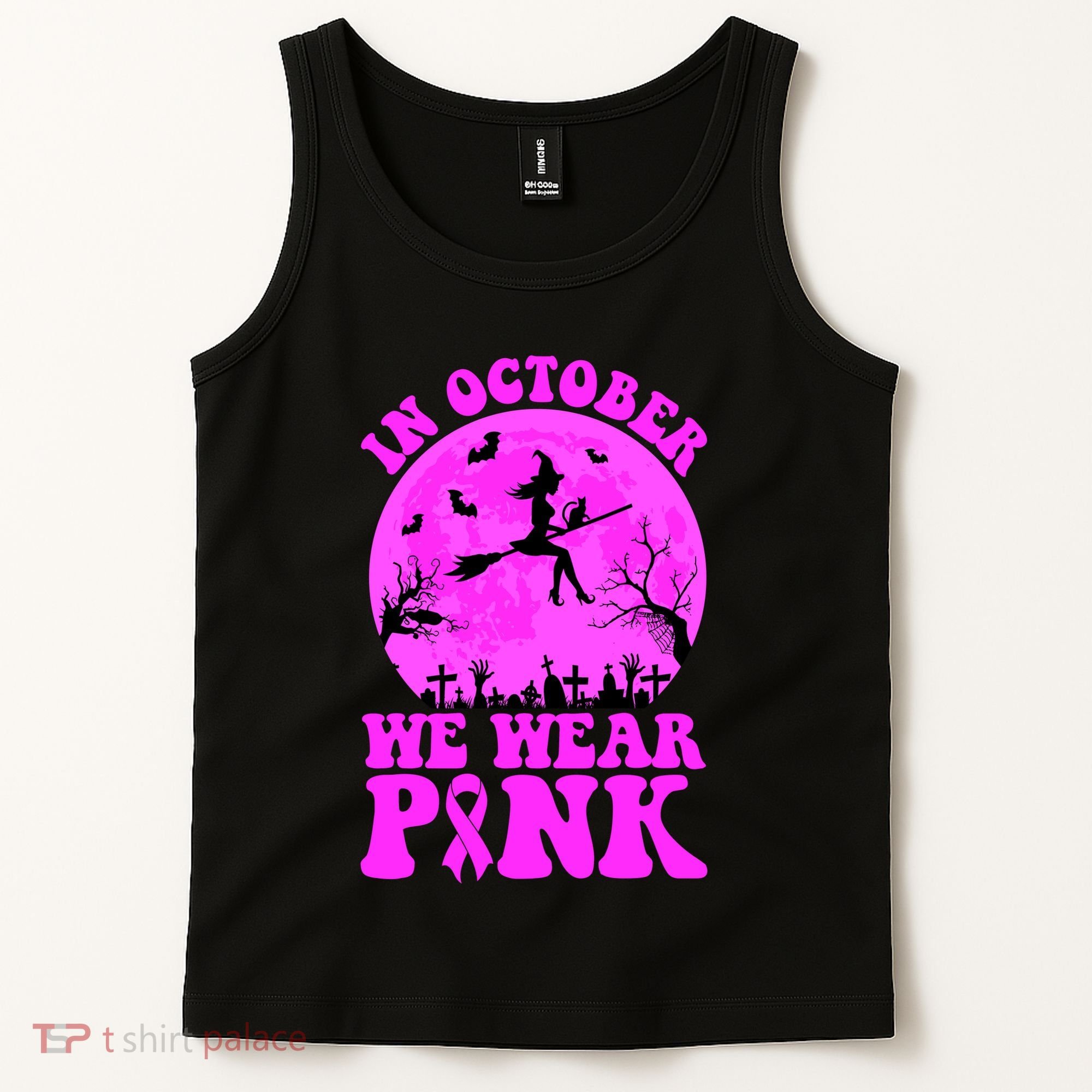 In October We Wear Pink Breast Cancer Halloween Witch Tank Top